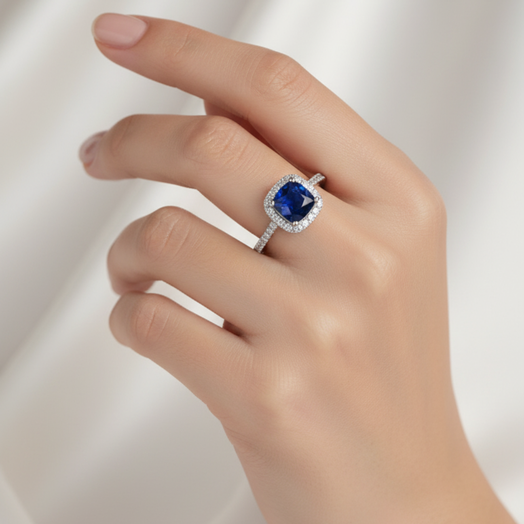 925 Sterling silver Midnight Blue Halo Silver RingStarlight Serenity Silver Ring - Image 4