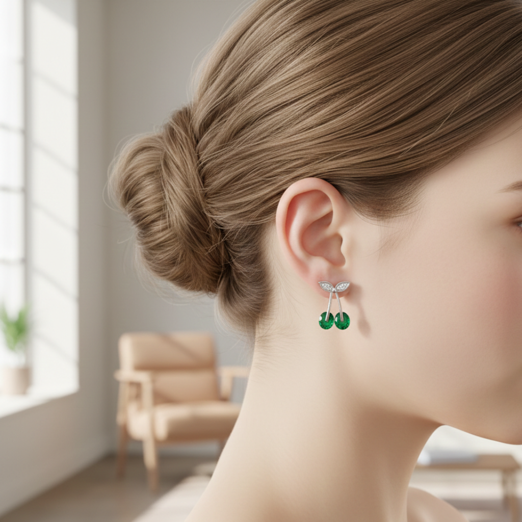 92.5 Sterling Silver Emerald Leaf Silver Earrings –| Dual Gemstone Design - Image 2