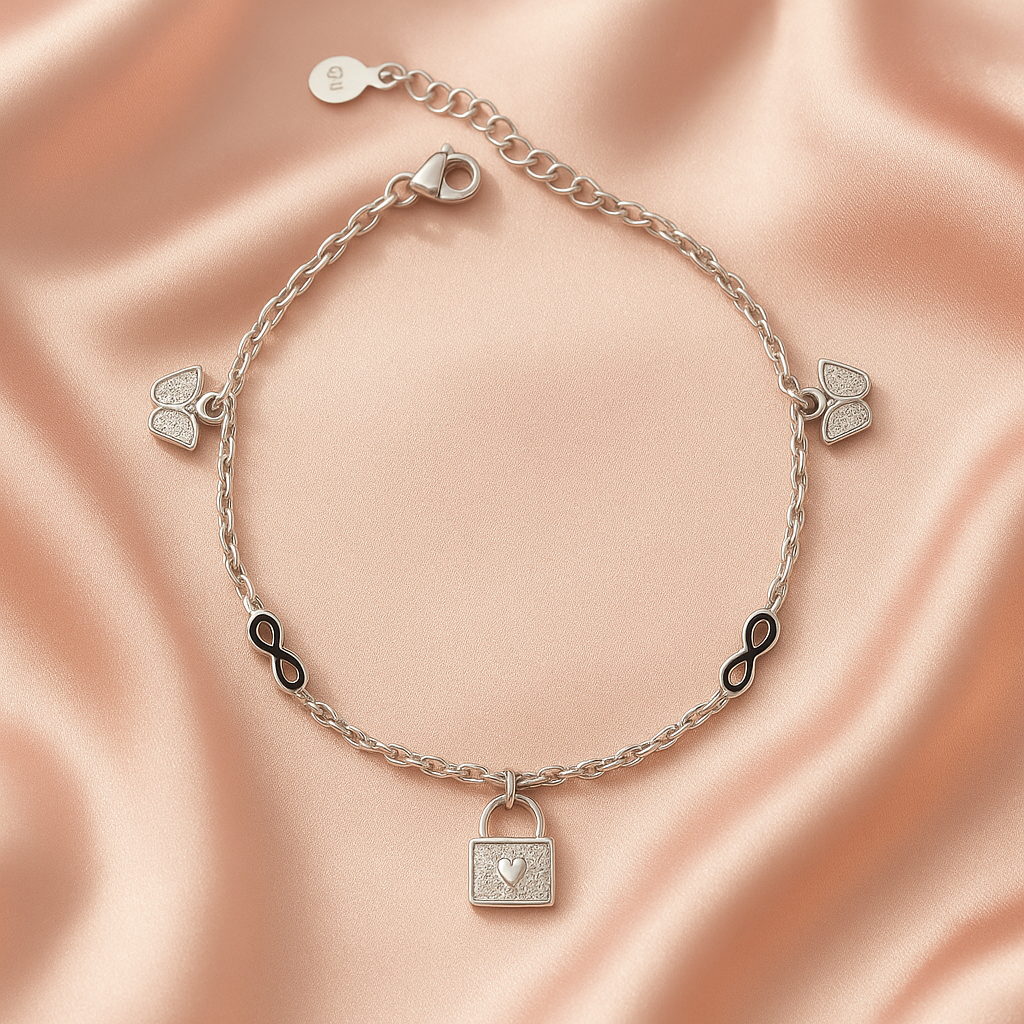 Heart Lock & Infinity Charm Silver Anklet (single piece) - Image 2