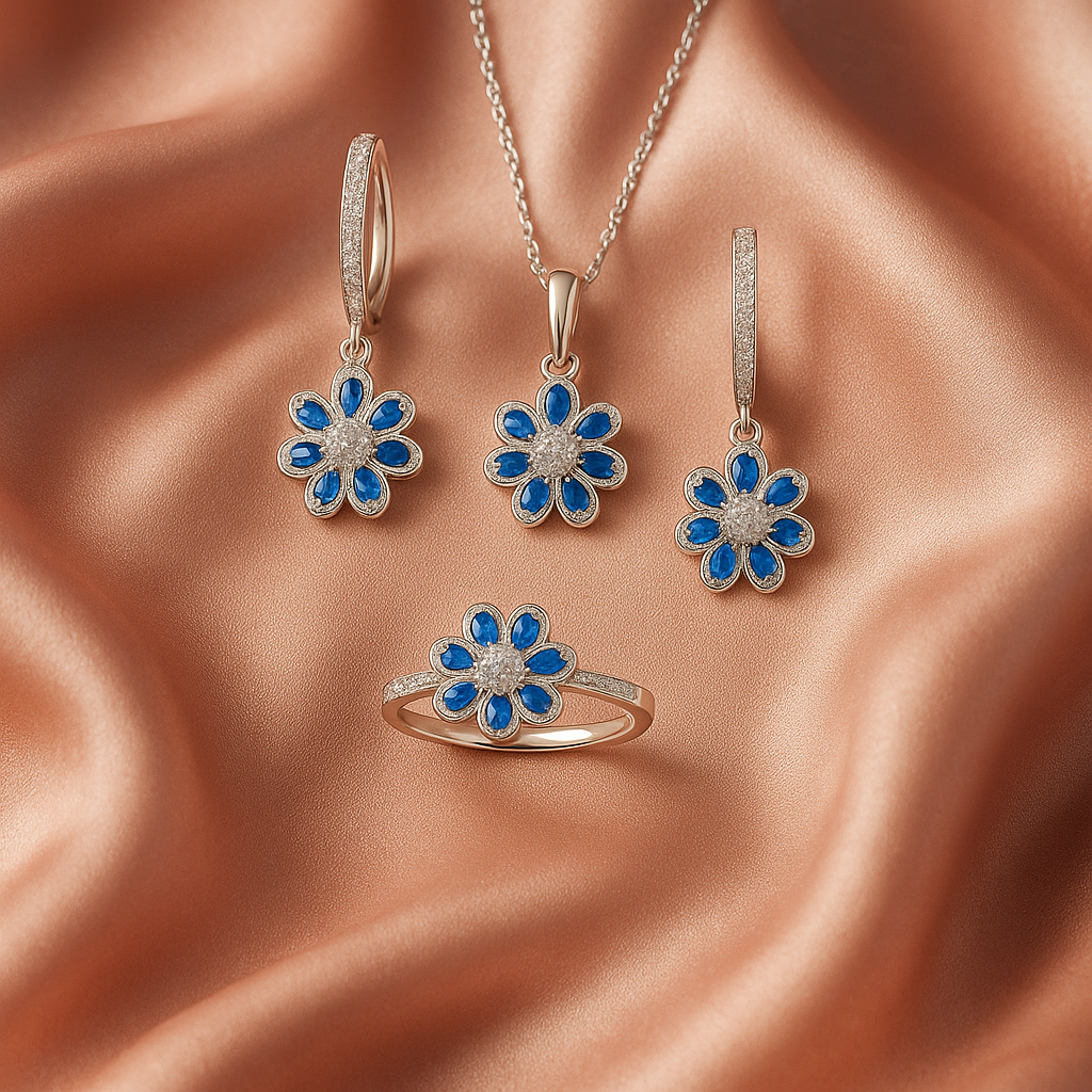 92.5 Sterling silver - Blue Blossom Silver Jewellery Set Ring, Earrings & Pendant - Image 4