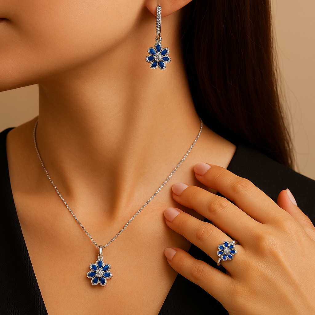 92.5 Sterling silver - Blue Blossom Silver Jewellery Set Ring, Earrings & Pendant