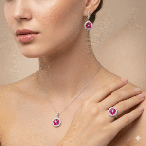 Pink Blossom Silver Jewellery Set Ring, Earrings & Pendant Set