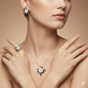 92.5 Sterling Silver Floral Symphony Silver Jewellery Set –  Ring, Earrings & Pendant