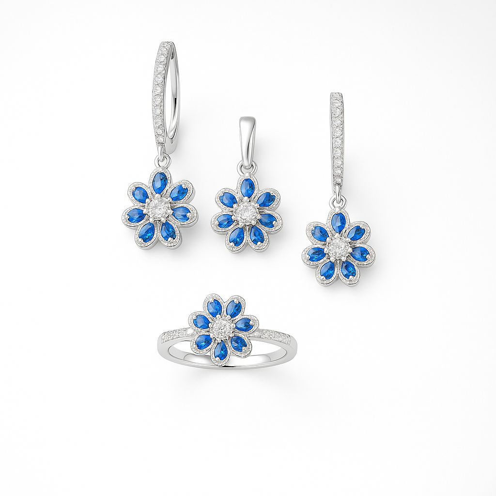 92.5 Sterling silver - Blue Blossom Silver Jewellery Set Ring, Earrings & Pendant - Image 2