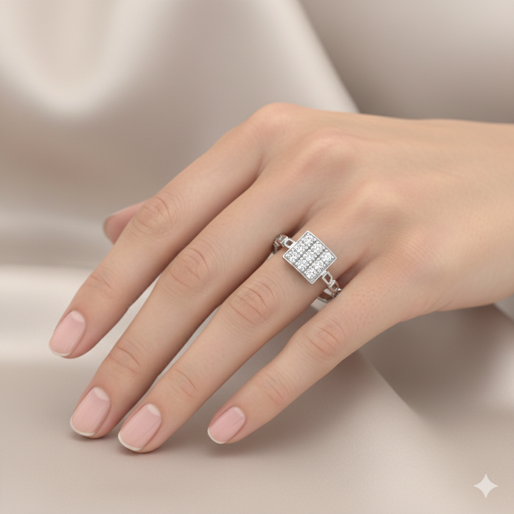 92.5 Sterling Silver Square Cluster Diamond-Cut Ring CZ-stone - Image 2