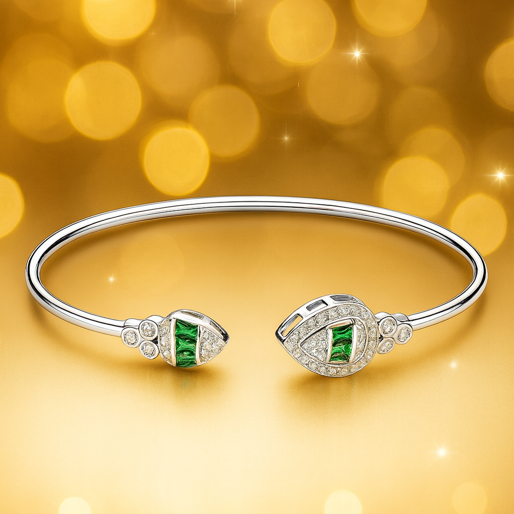 92.5 Sterling Silver Emerald Stone Open Bangle Bracelet - Image 2