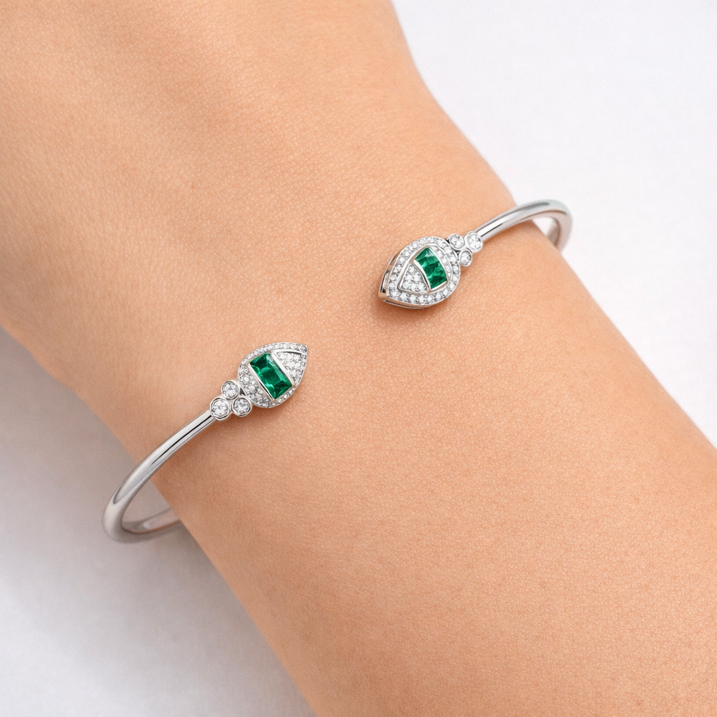92.5 Sterling Silver Emerald Stone Open Bangle Bracelet - Image 4