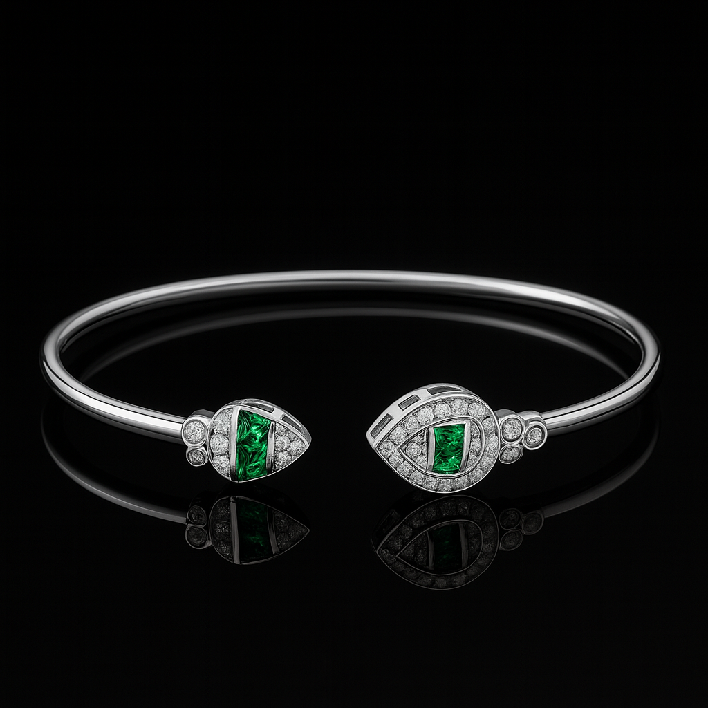 92.5 Sterling Silver Emerald Stone Open Bangle Bracelet - Image 5