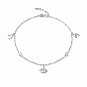 92.5 Silver Princess Crown Anklet with Moon Charms | Adjustable Payal (23 cm + 3 cm)