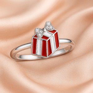 92.5 Sterling Silver-Gift Box Enamel Silver Child Ring –| Cute Bow Design