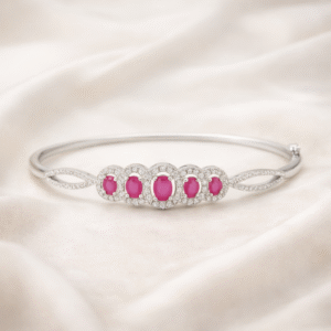 92.5 Sterling Silver Ruby Stone Bangle with CZ Accents | Elegant Silver Bracelet for Women |